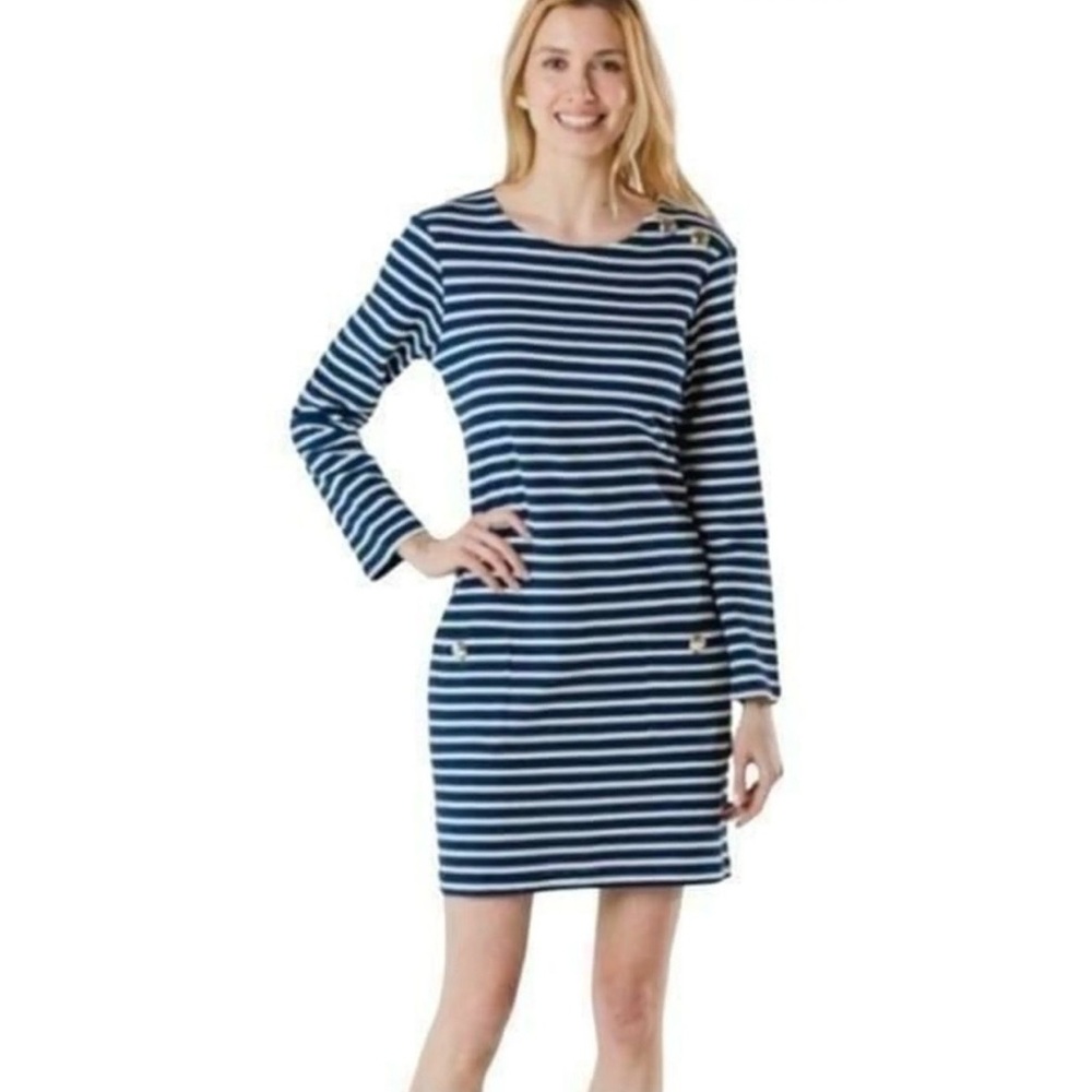 Sail To Sable Navy Green Stripe Button Shift Dress Preppy Nautical Office Resort